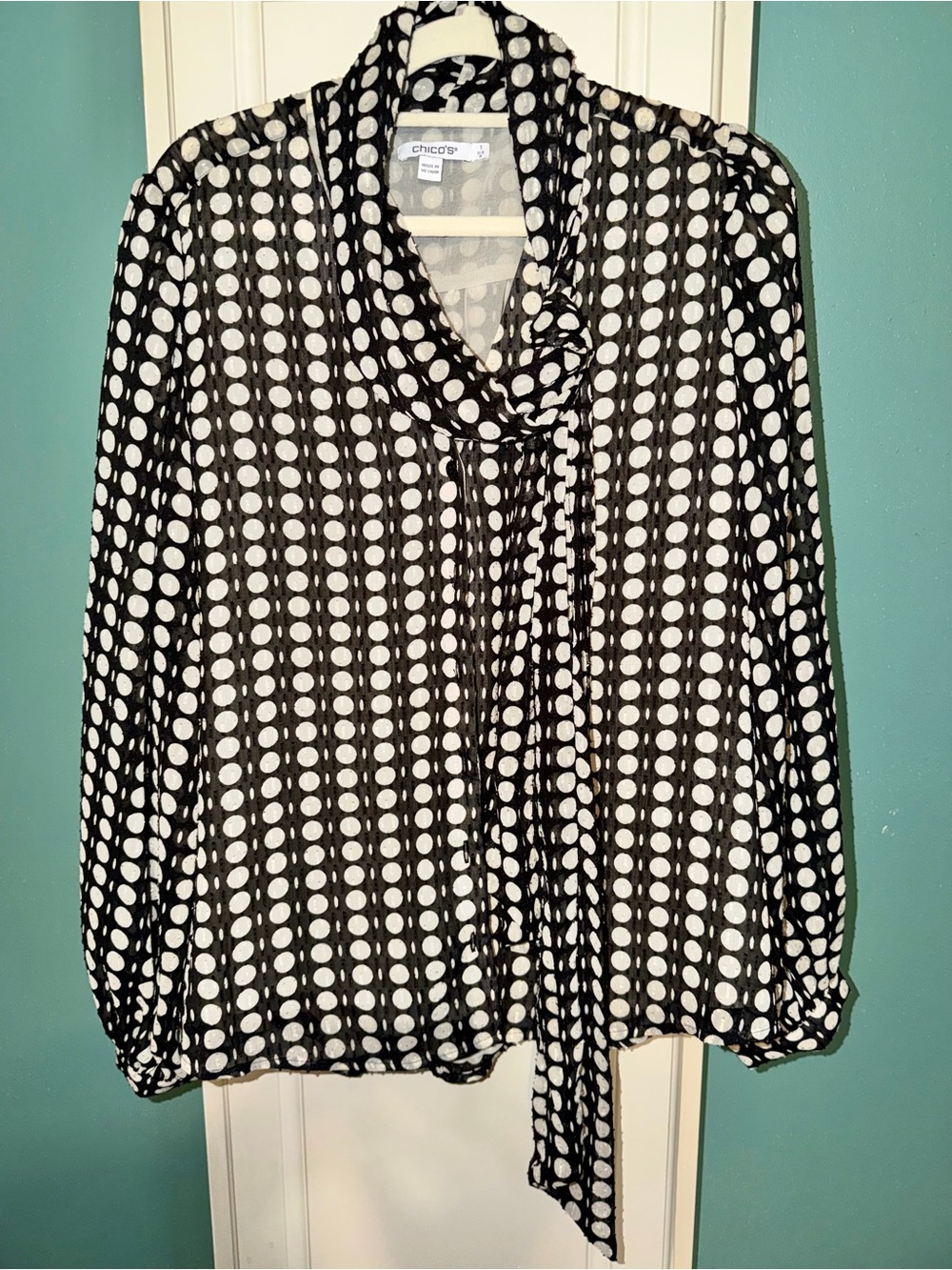 Chico's Black & White Polka Dot Tie-Neck Blouse